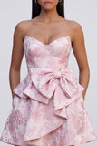 Vestido mini de bienvenida rosa Jacquard con volantes y lazo, línea A
