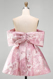 Mini vestido de bienvenida Jacquard rosa A-Line con hombros descubiertos y lazo
