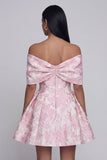 Mini vestido de bienvenida Jacquard rosa A-Line con hombros descubiertos y lazo