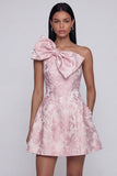 Vestido mini de bienvenida rosa Jacquard de un hombro con lazo