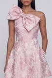 Vestido mini de bienvenida rosa Jacquard de un hombro con lazo