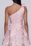 Vestido mini de bienvenida rosa Jacquard de un hombro con lazo