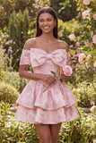 Mini vestido de bienvenida rosa Jacquard con volantes y moño
