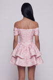 Mini vestido de bienvenida rosa Jacquard con volantes y moño