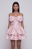 Mini vestido de bienvenida rosa Jacquard con volantes y moño