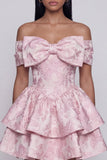 Mini vestido de bienvenida rosa Jacquard con volantes y moño