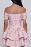 Mini vestido de bienvenida rosa Jacquard con volantes y moño