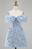 Vestido de bienvenida mini azul Jacquard A-Line con lazo