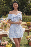 Vestido de bienvenida mini azul Jacquard A-Line con lazo