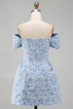 Vestido de bienvenida mini azul Jacquard A-Line con lazo