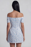 Vestido de bienvenida mini azul Jacquard A-Line con lazo