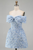 Vestido de bienvenida mini azul Jacquard A-Line con lazo