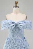 Vestido de bienvenida mini azul Jacquard A-Line con lazo