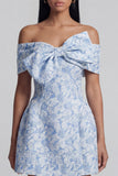 Vestido de bienvenida mini azul Jacquard A-Line con lazo
