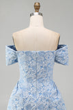 Vestido de bienvenida mini azul Jacquard A-Line con lazo