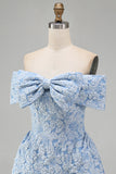 Vestido de bienvenida mini azul Jacquard A-Line con lazo