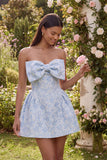 Vestido de bienvenida Jacquard Mini Homecoming azul A-Line con lazo