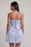 Vestido de bienvenida Jacquard Mini Homecoming azul A-Line con lazo