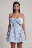 Vestido de bienvenida Jacquard Mini Homecoming azul A-Line con lazo