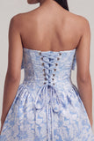 Vestido de bienvenida Jacquard Mini Homecoming azul A-Line con lazo