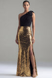 Negro y dorado brillante, lentejuelas de un solo hombro, lazo Vestido formal largo con abertura