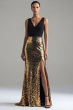 Vestido formal largo de sirena con cuello en V con lentejuelas negras y doradas brillantes