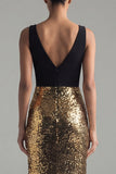 Vestido formal largo de sirena con cuello en V con lentejuelas negras y doradas brillantes