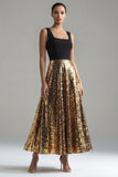 Vestido formal largo de cabello en línea A brillante, negro y dorado, cuello cuadrado