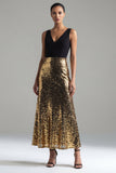 Vestido formal largo de cuello en V con lentejuelas negras y doradas brillantes