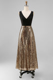 Vestido formal largo de cuello en V con lentejuelas negras y doradas brillantes
