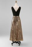 Vestido formal largo de cuello en V con lentejuelas negras y doradas brillantes
