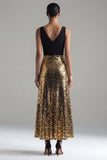 Vestido formal largo de cuello en V con lentejuelas negras y doradas brillantes