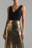 Vestido formal largo de cuello en V con lentejuelas negras y doradas brillantes