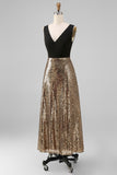 Vestido formal largo de cuello en V con lentejuelas negras y doradas brillantes