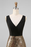 Vestido formal largo de cuello en V con lentejuelas negras y doradas brillantes