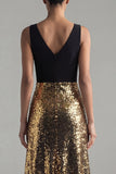 Vestido formal largo de cuello en V con lentejuelas negras y doradas brillantes