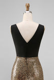 Vestido formal largo de cuello en V con lentejuelas negras y doradas brillantes