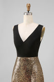 Vestido formal largo de cuello en V con lentejuelas negras y doradas brillantes