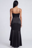 Vestido formal de tirantes finos de sirena negra con volantes