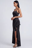 Vestido formal de tirantes finos de sirena negra con volantes