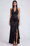 Vestido formal largo largo de sirena negra con volantes en satín de sirena