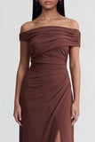 Vestido formal largo de sirena marrón de hombros descubiertos
