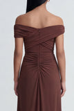 Vestido formal largo de sirena marrón de hombros descubiertos