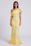 Vestido formal asimétrico de sirena amarillo con bordado floral