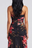 Vestido floral fruncido sin tirantes de marfil con abertura