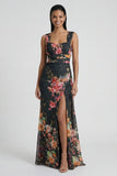 Vestido formal negro floral de sirena con cuello cuadrado
