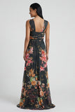 Vestido formal negro floral de sirena con cuello cuadrado