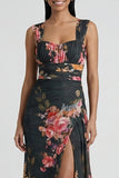 Vestido formal negro floral de sirena con cuello cuadrado