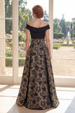 Negro Línea A Out Out Shoulder Jacquard Largo Vestido de Madre de la Novia con lazo