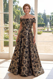 Una línea negra de hombros descubiertos Jacquard floral largo vestido de madre de la novia
